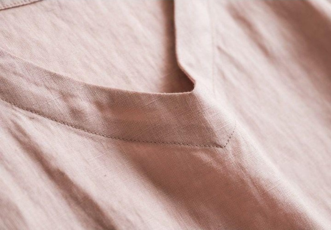 Minimalist Linen V-Neck Dress for Women Short Sleeve Midi Dress with Pockets Summer Loose Fit