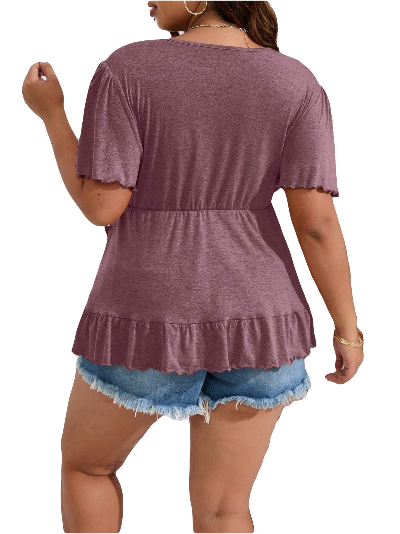 Large Size Ruffle Hem V Neck Summer Tee Cute Layered Short Sleeve Cotton Blouse