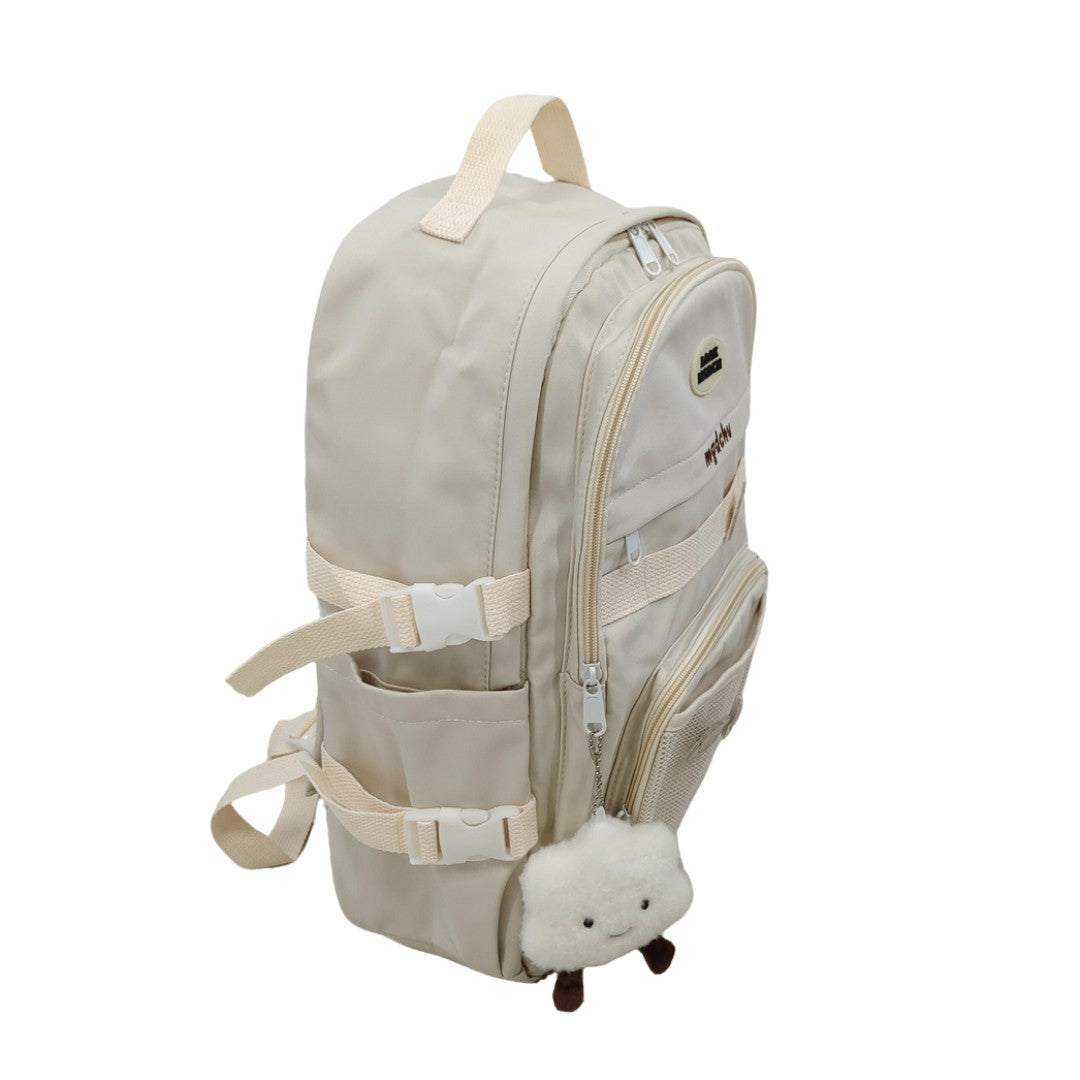 Beige Kawaii Cartoon Backpack with Plush Charm Cute Bear & Animal Pins School Travel Bag