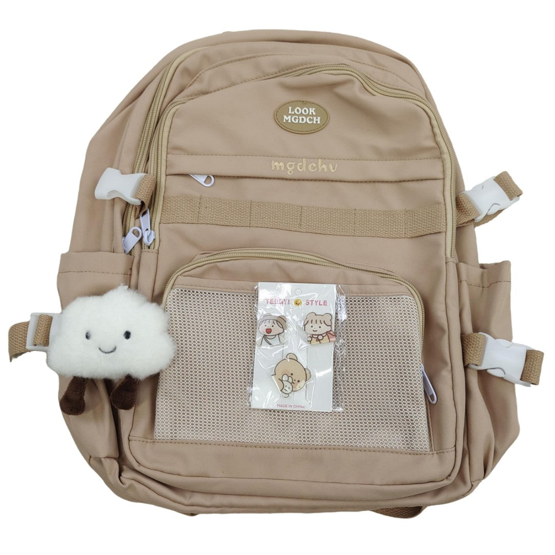 Caramel Brown Embroidered Backpack with Plush Charm Cartoon Pins Student School Bag