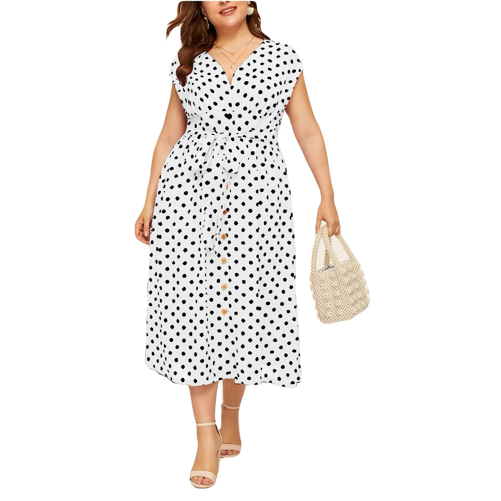 plus size polka dot dress,button front belted midi summer curvy dress V-neck