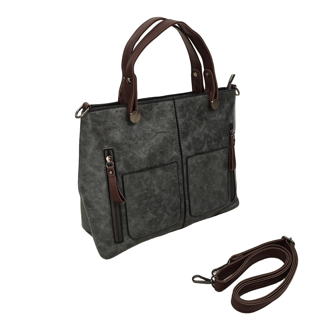 Casual grey PU leather handbag with brown handles