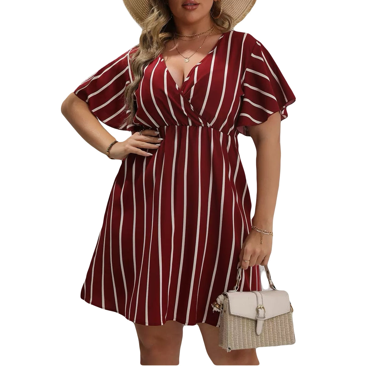 plus size striped dress boho v-neck summer dress short sleeve waist dress loose casual beach dress