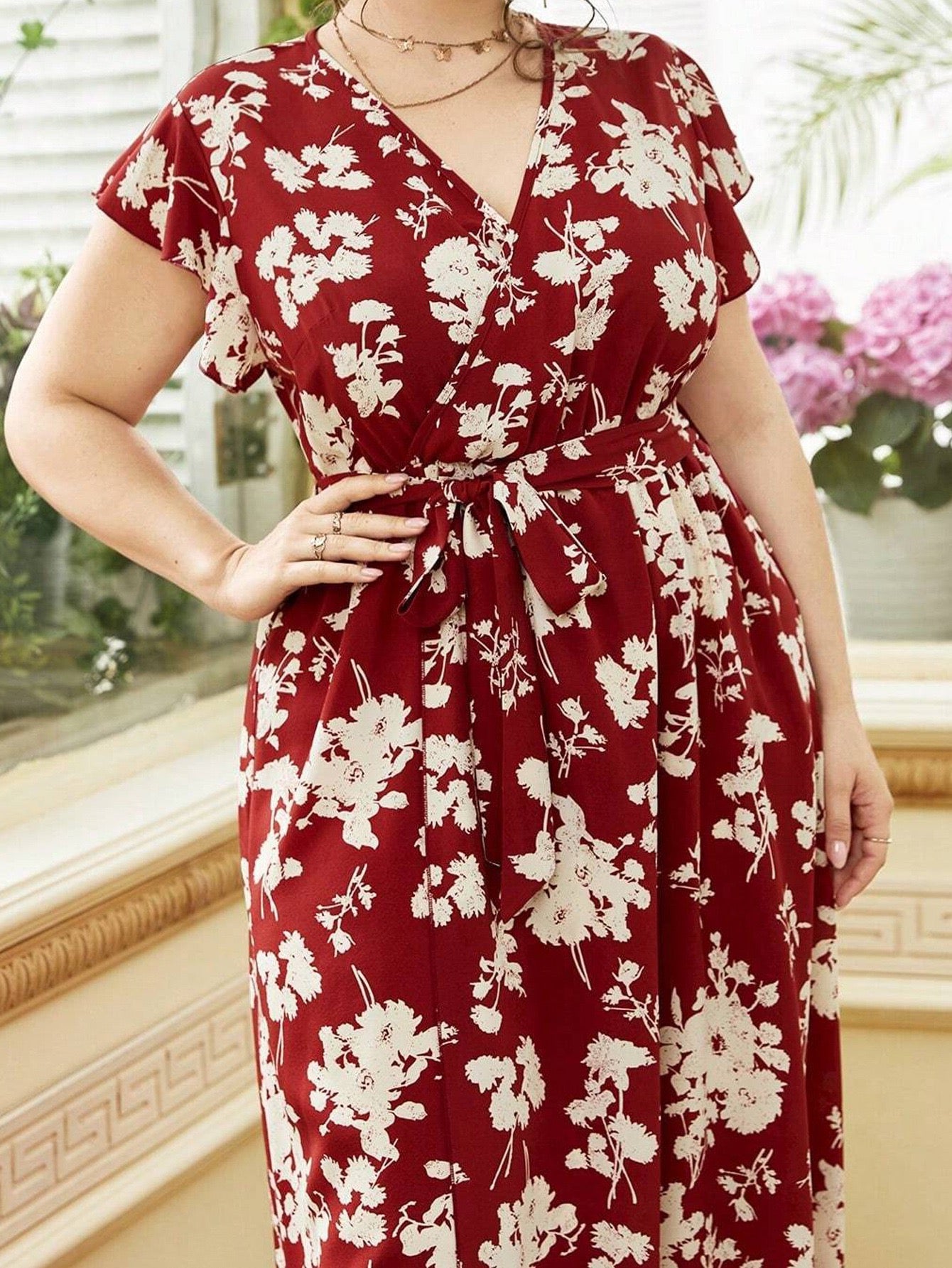 v-neck summer dress tie waist plus size dress 1XL 2XL 3XL 4XL dresses