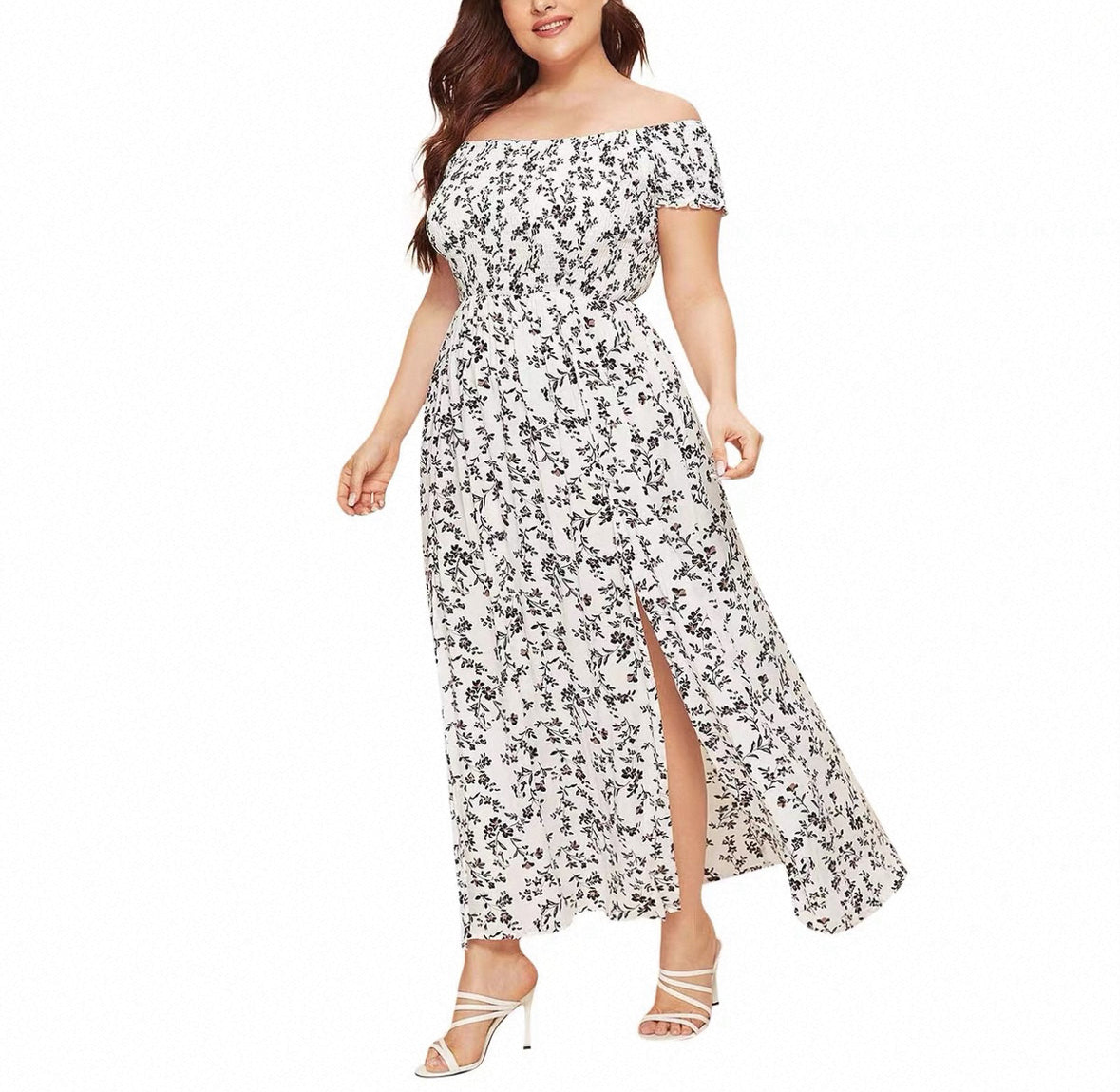 plus size off shoulder maxi dress,bohemian floral long plus size slit hem sundress,casual summer dress for curvy women bardot neckline floral elastic waist long boho dress