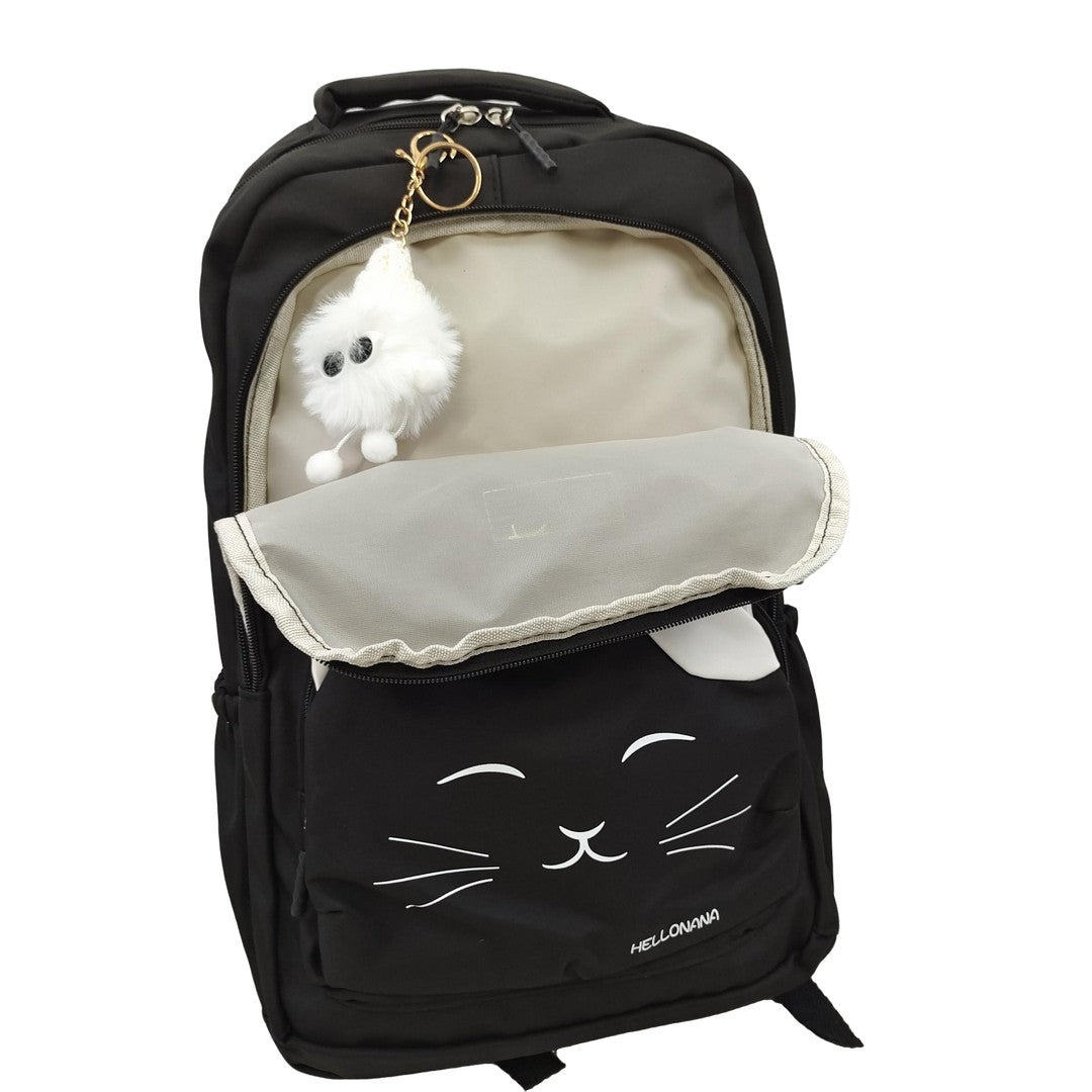 Black Jfashion Cat Ear Backpack with White Plush Charm Cute Kitty Face Schoolbag