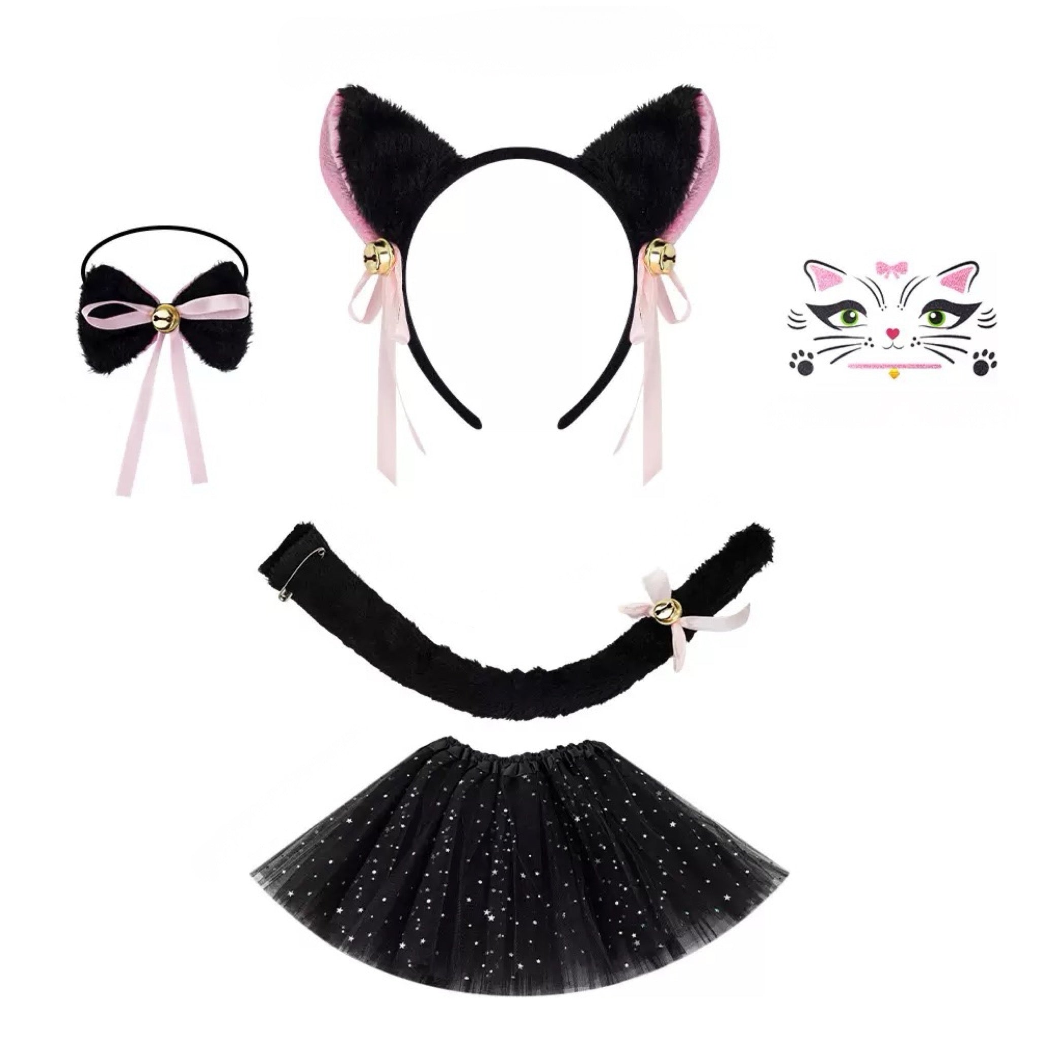 Black cat ear headband with pink bow and bell cat costume with skirt, cat dress up set