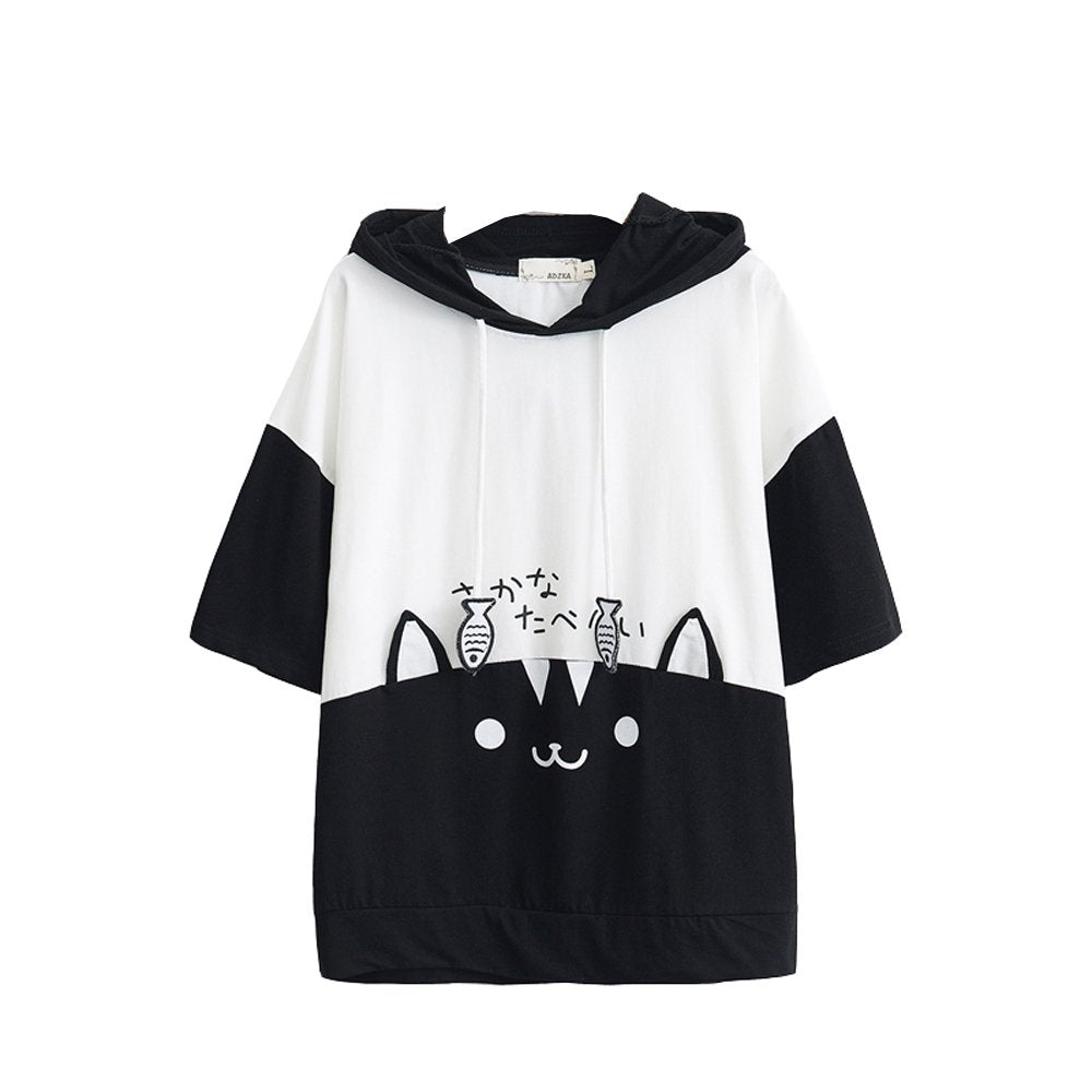Front view of cute cat ear hoodie t-shirt in black and white Close-up of cat ear detail on hood