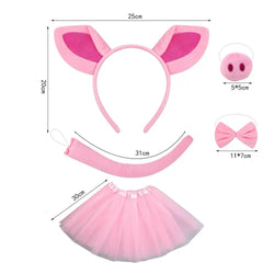 Pink glitter cat set with long ears, tail, ribbon, and pink sparkle skirt – fantasy kitty costume.