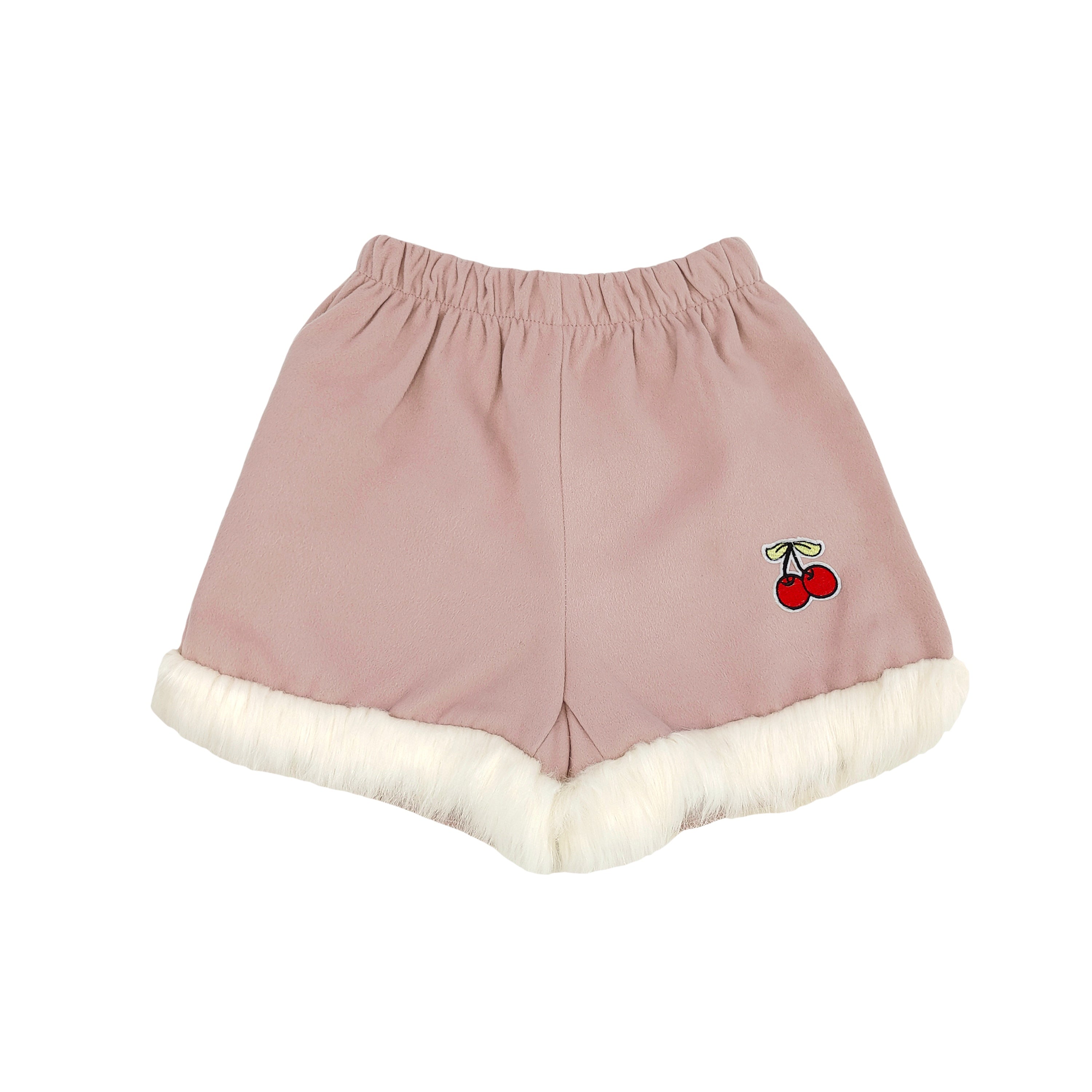 Pink shorts with white faux fur trim and cherry embroidery