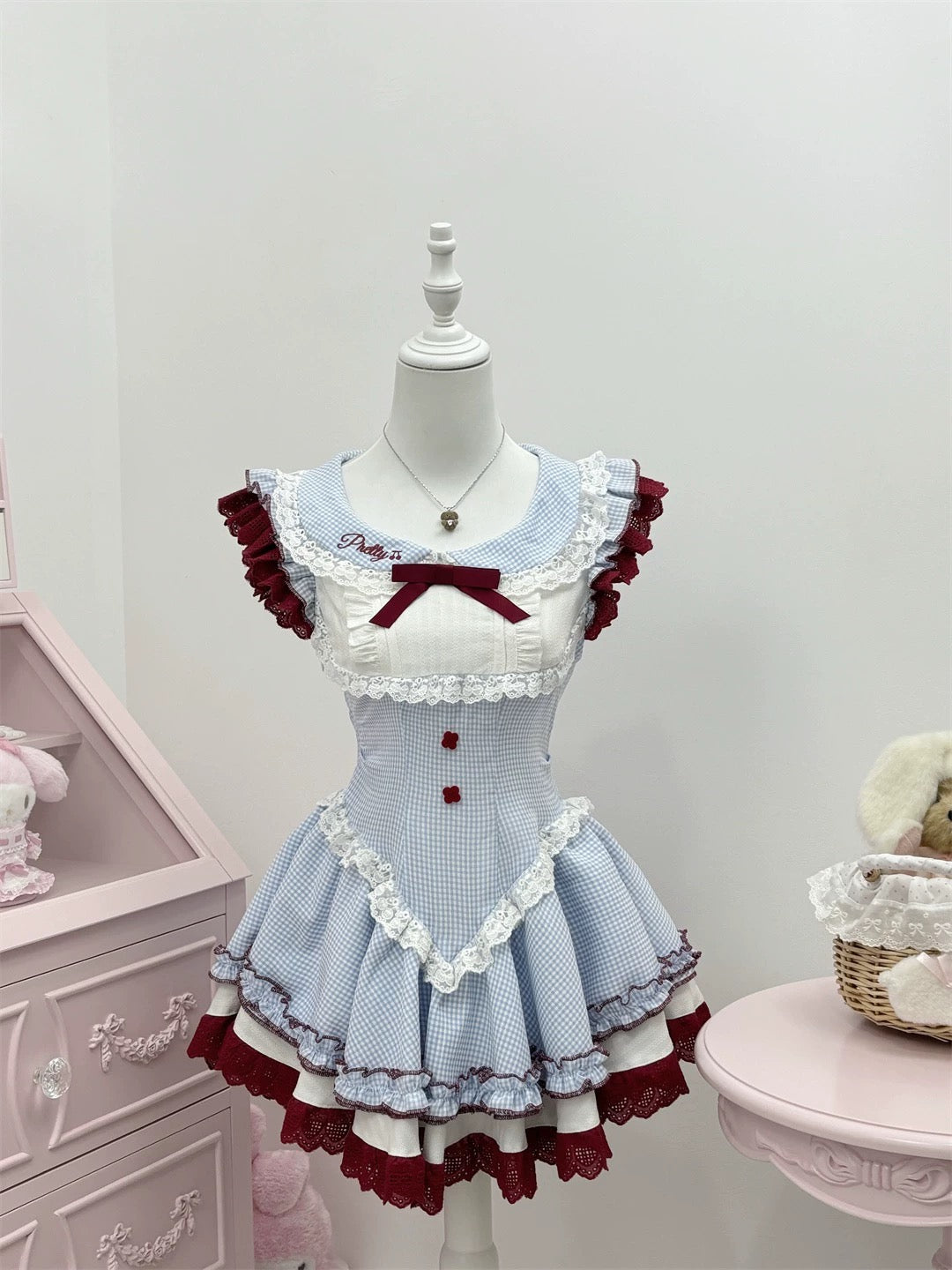 Sweet Lolita Blue Gingham Dress with Red Lace Kawaii Princess Puff Skirt Waist-Cinching Baby Doll Dress