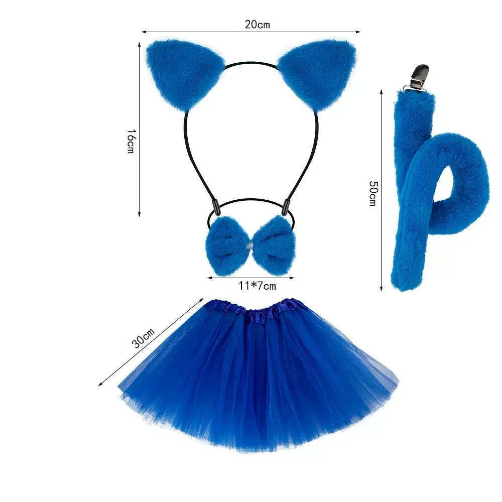 Bright blue plush kitty set with fluffy ears, spiral tail, blue skirt, and matching bowtie.