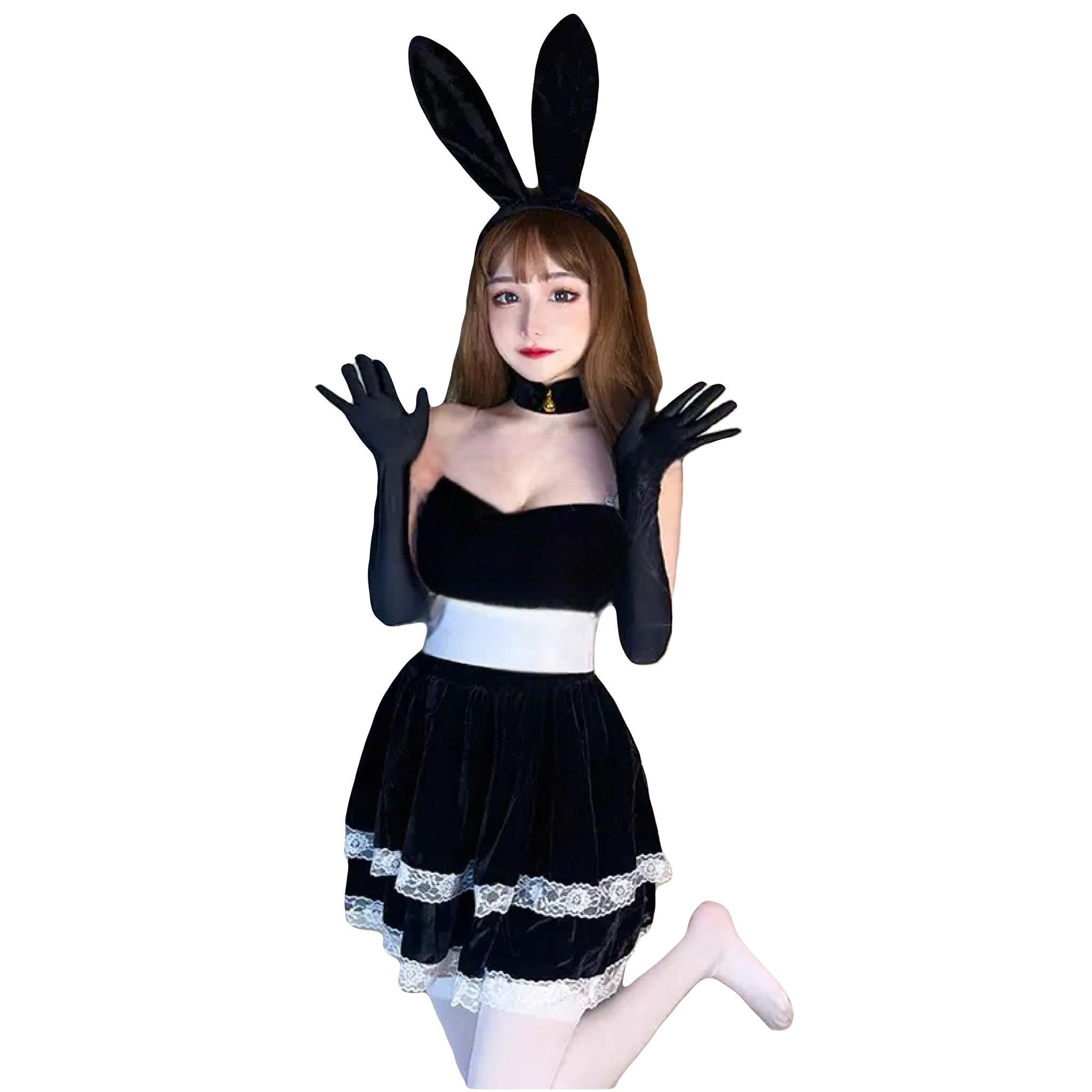Close-up of black cosplay outfit showing large satin bow and bunny ear headband.