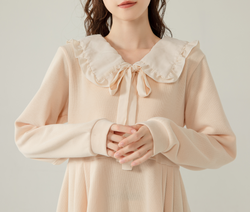 Sweet Peter Pan Collar Dress Kawaii Long Sleeve Cream Bow Tie Dress for Girls