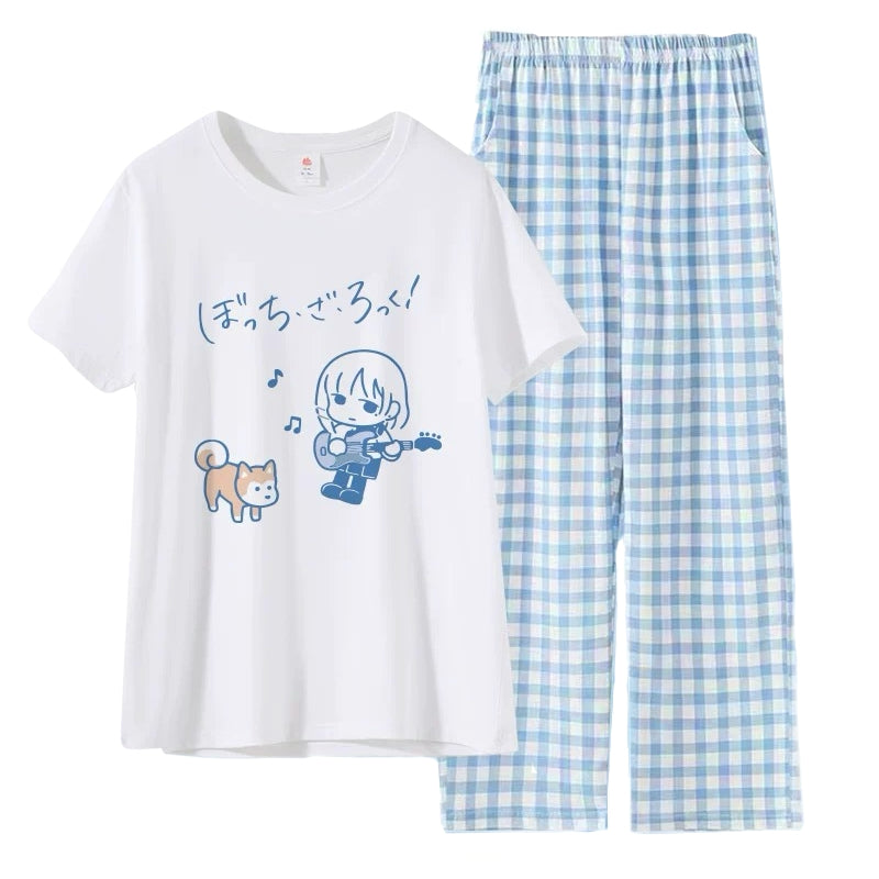 Blue anime cartoon pajama set with Shiba Inu print and plaid pants for women short sleeve top and pants set
