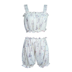 Cute cat print pajama set with ruffled crop top and bloomers – soft sleeveless loungewear for women Junior Kawaii Fashion Cat Pajamas