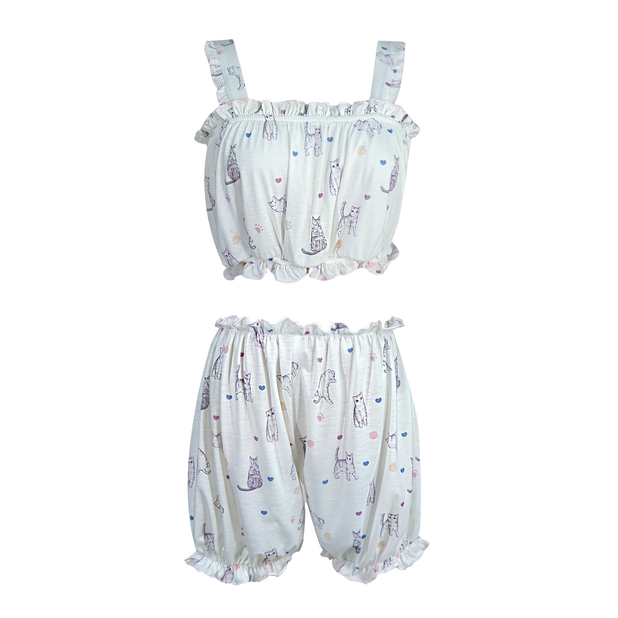 Cute cat print pajama set with ruffled crop top and bloomers – soft sleeveless loungewear for women Junior Kawaii Fashion Cat Pajamas