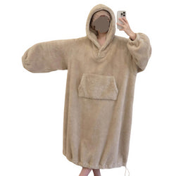 Oversized coral fleece hoodie sleep dress in khaki for women
