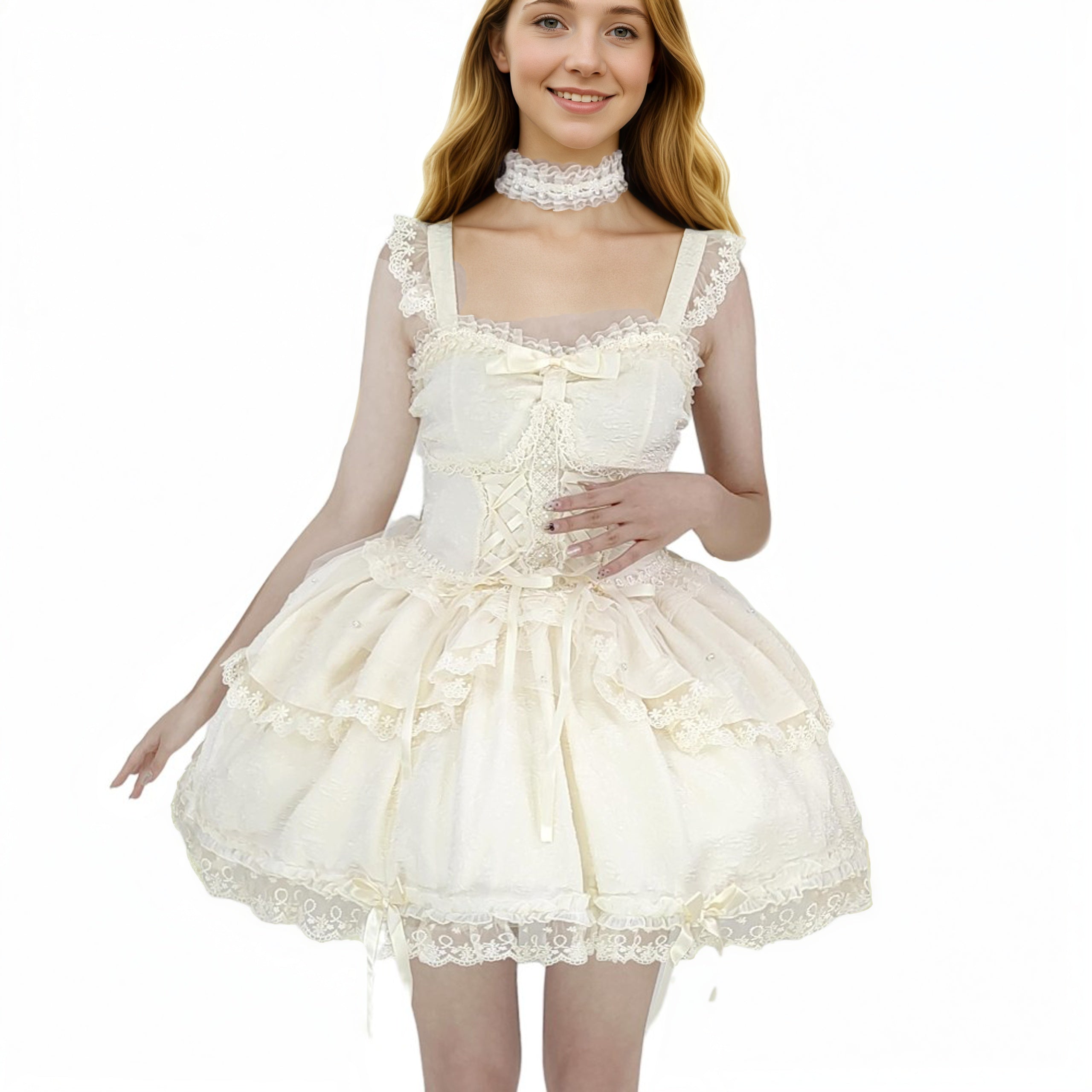 Sweet Lolita Sleeveless Short Dress with Lace & Bow in Cream Beige