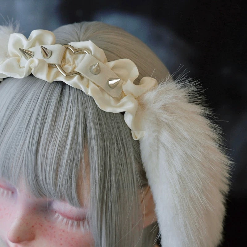 Gothic White Rabbit Ears Headband with Spikes Soft Plush Lolita Punk Hairband for Girls