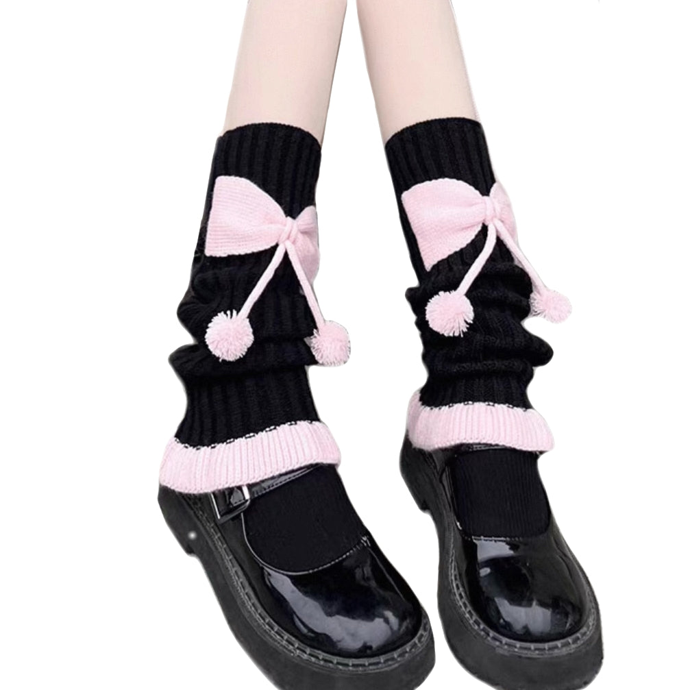 Black and pink knit slouch socks with bow and pom-poms – JK fashion accessory knit leg accessories