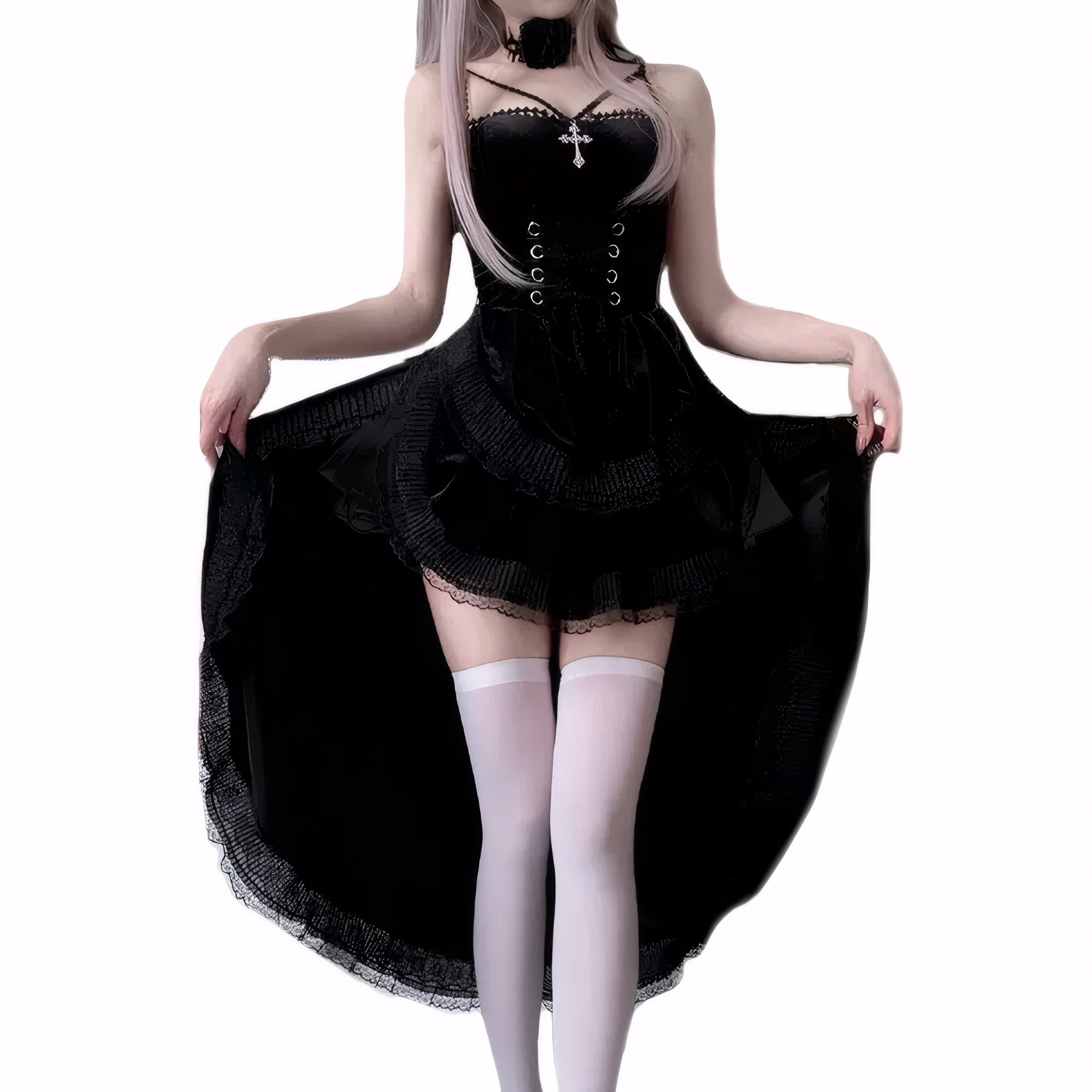 Black velvet witch cosplay dress with white stockings, gothic Halloween costume.sexy gothic Halloween dress