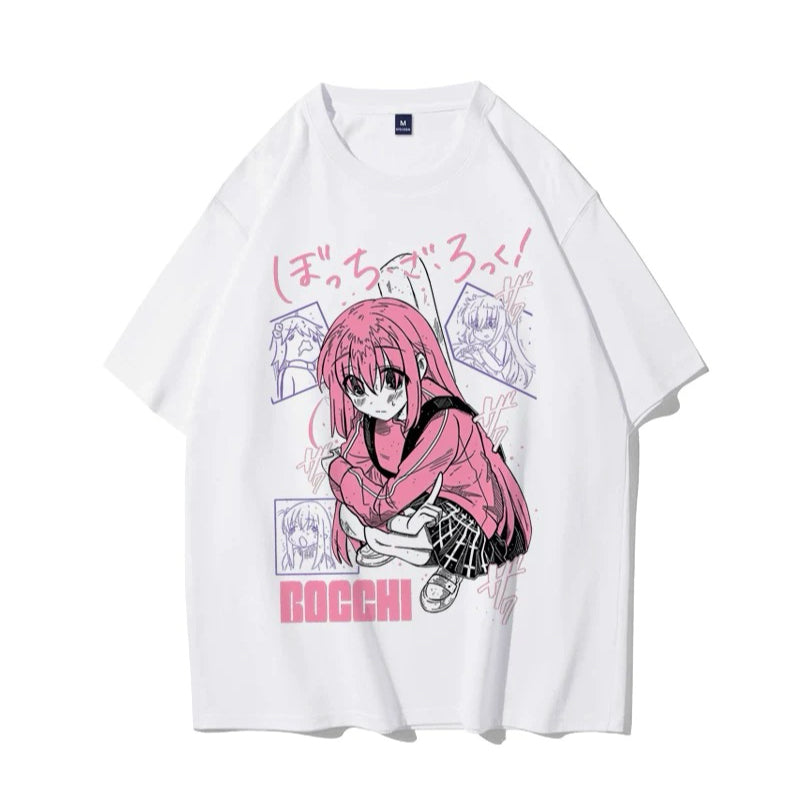 White oversized tee with anime girl crouching, manga-style panel art