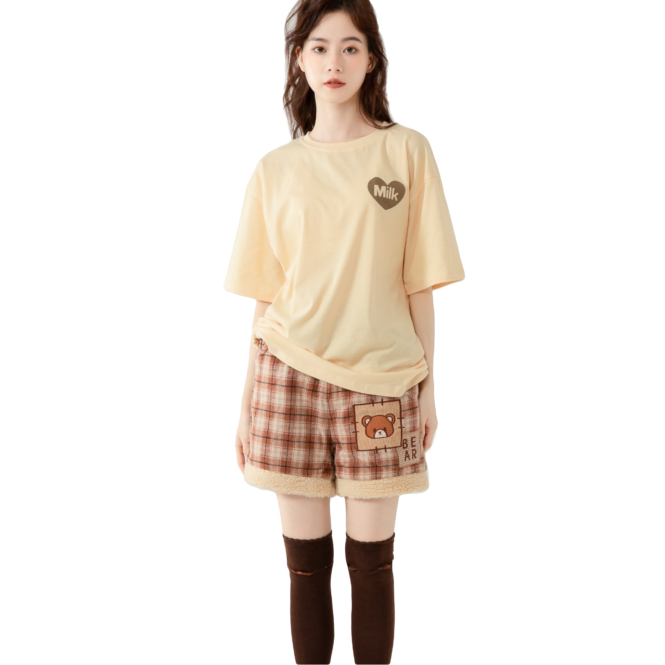 beige milk shirt, cute Japanese shirt food print shirt strawberry milk tee