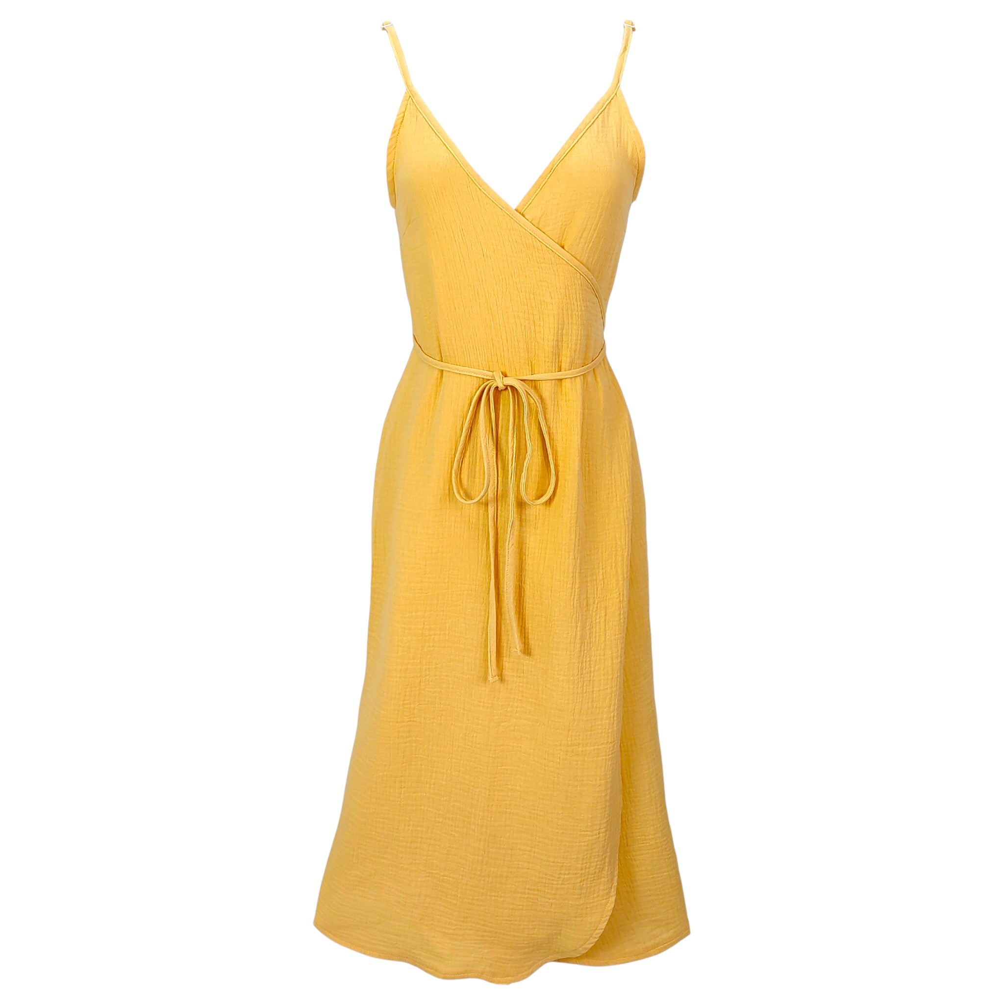 Women’s Sleeveless Cotton Gauze Wrap Midi Dress Backless Spaghetti Strap Summer Sundress with Waist Tie