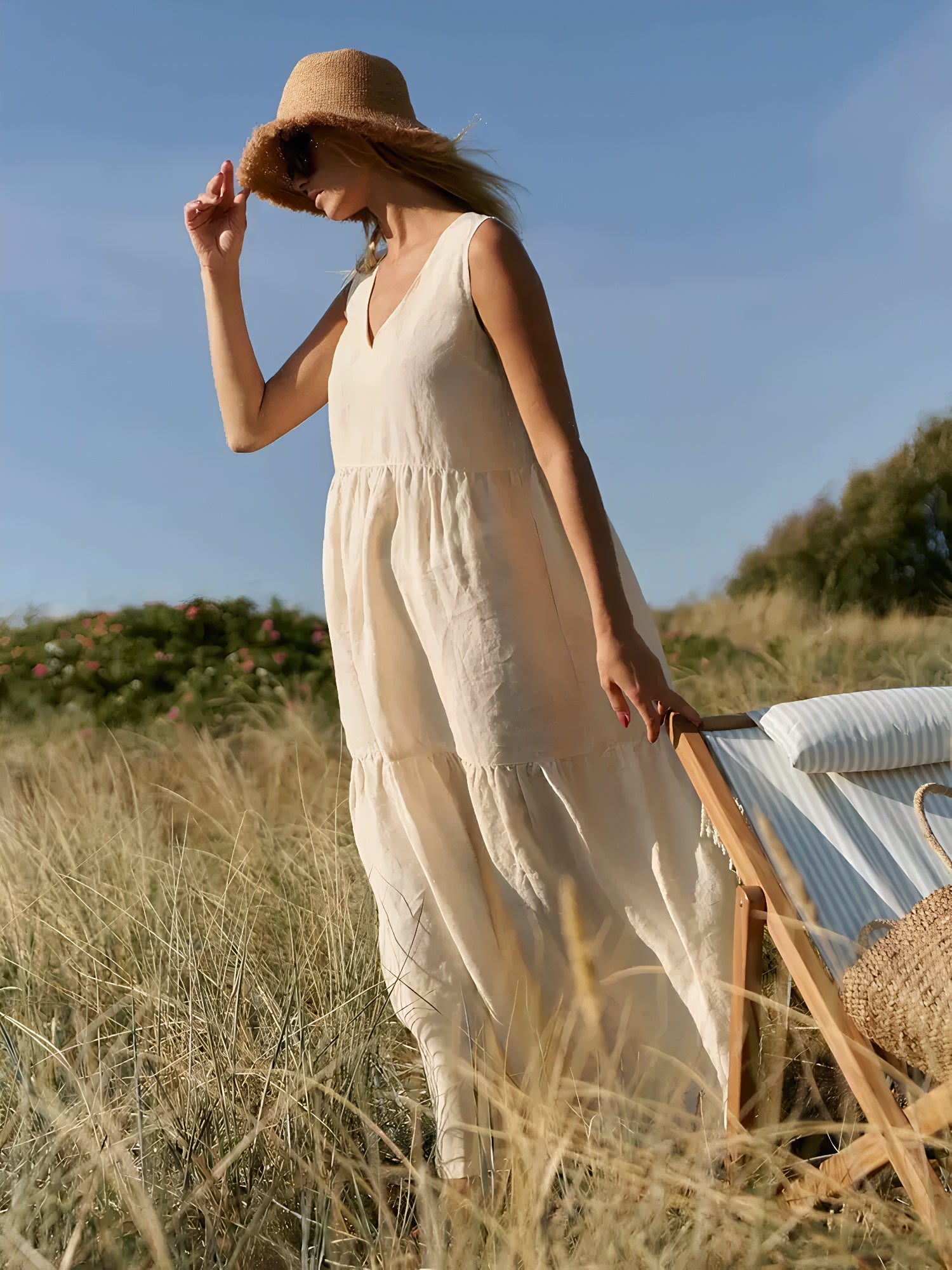 Women’s loose fit cotton sundress, V-neck sleeveless maxi dress with layered hem