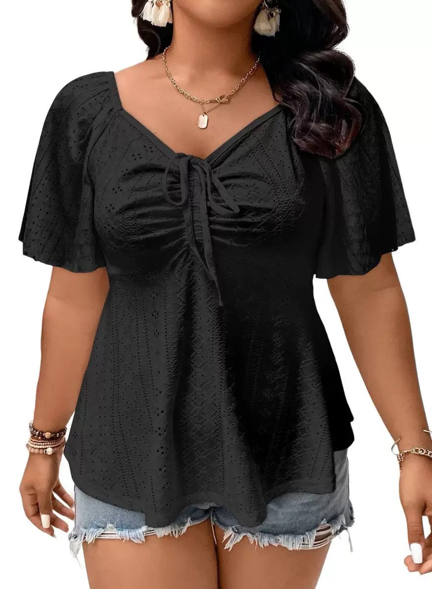 breathable eyelet T-shirt large size feminine blouse cotton V-neck top for curvy women vintage inspired eyelet tee