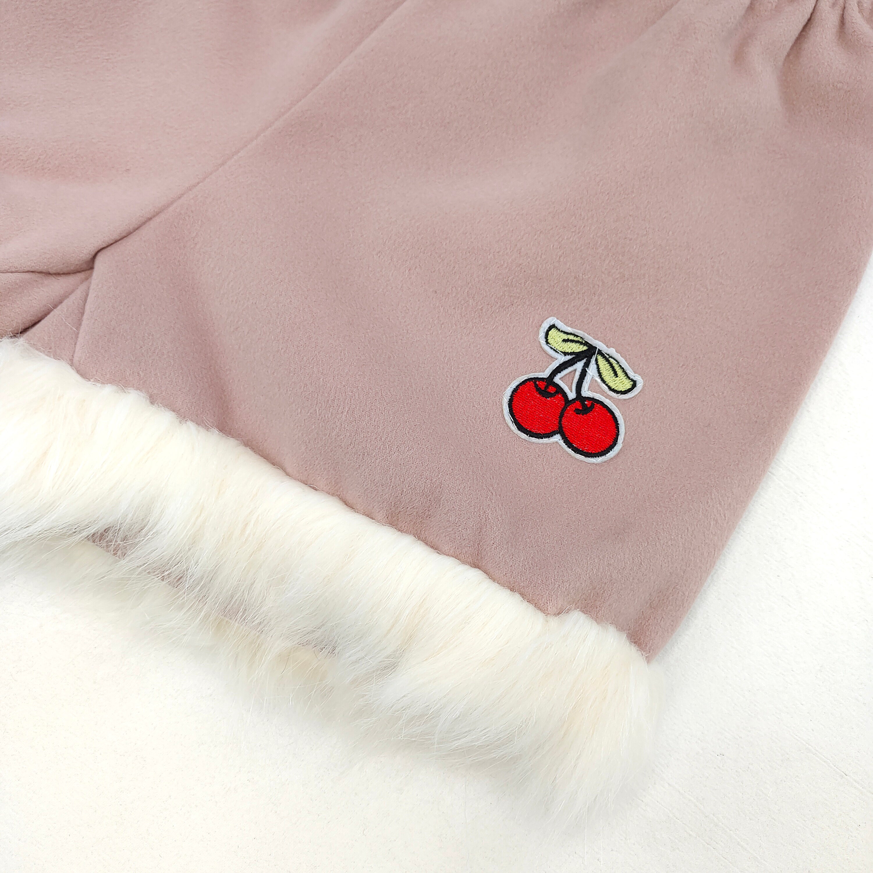 Pink Fleece Trim Shorts with Cherry Embroidery Cozy Winter Cute Style Elastic Waist Shorts