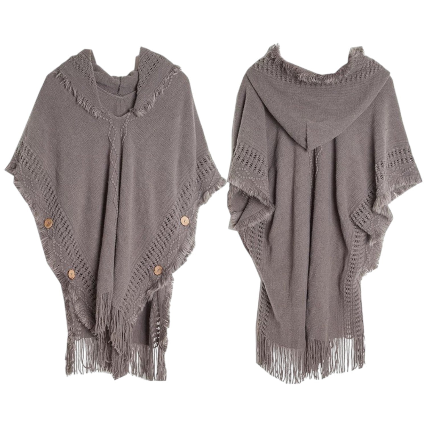 Gray cozy knit hooded wrap with tassels