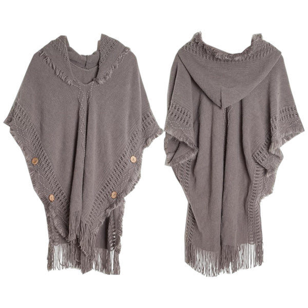 Gray cozy knit hooded wrap with tassels