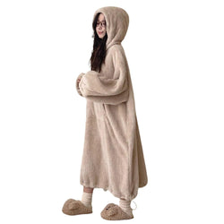 Oversized Coral Fleece Hoodie Sleep Dress Winter Warm Long Sleeve Loungewear Robe for Women