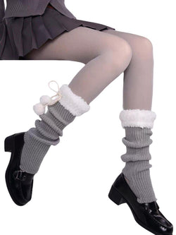 Fuzzy Knit Leg Warmers Pom-Poms Kawaii Sherpa Trim Socks Harajuku Style Winter Lolita JK Sleeves