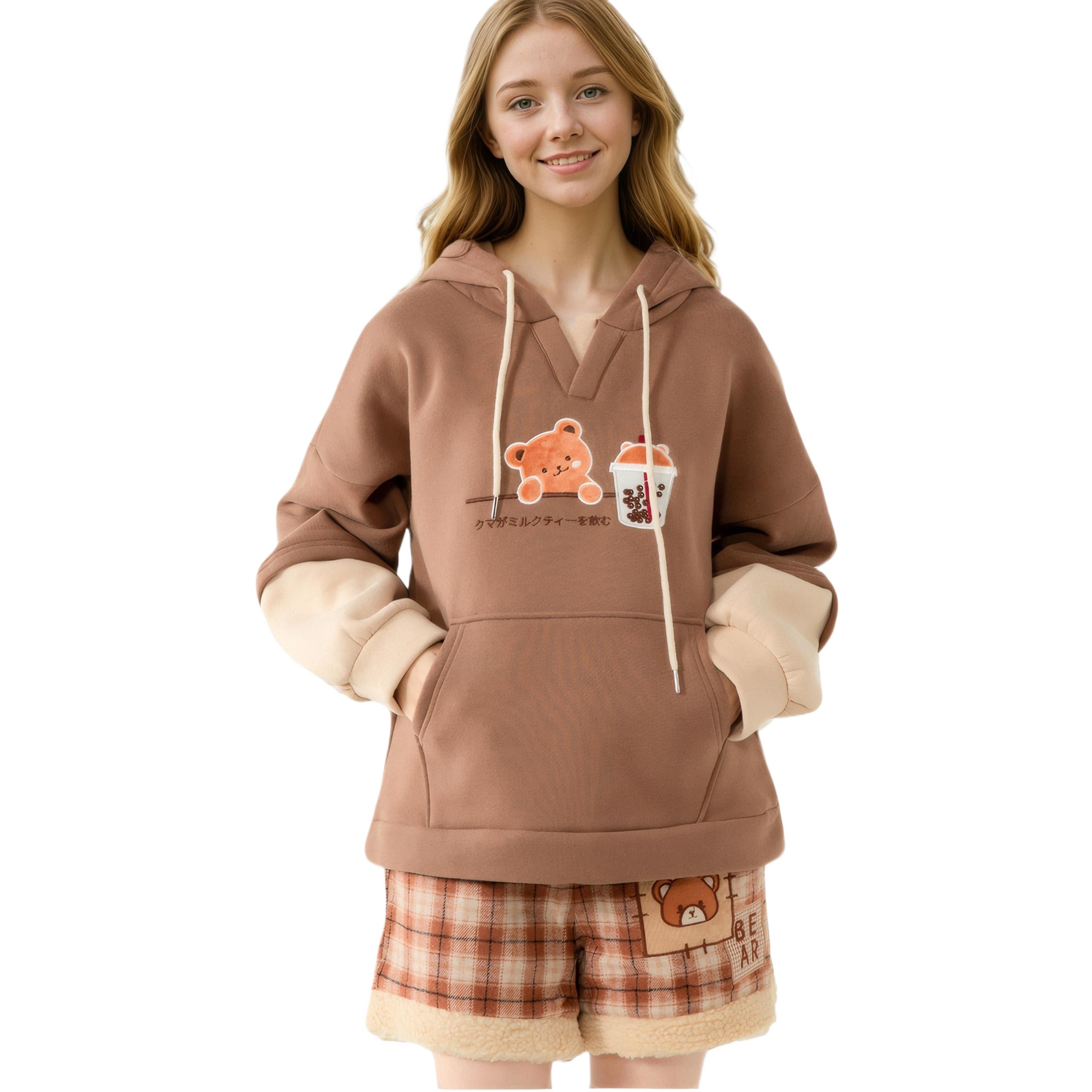 fleece-lined pullover sweatshirt with balloon sleeves and color block cuffs