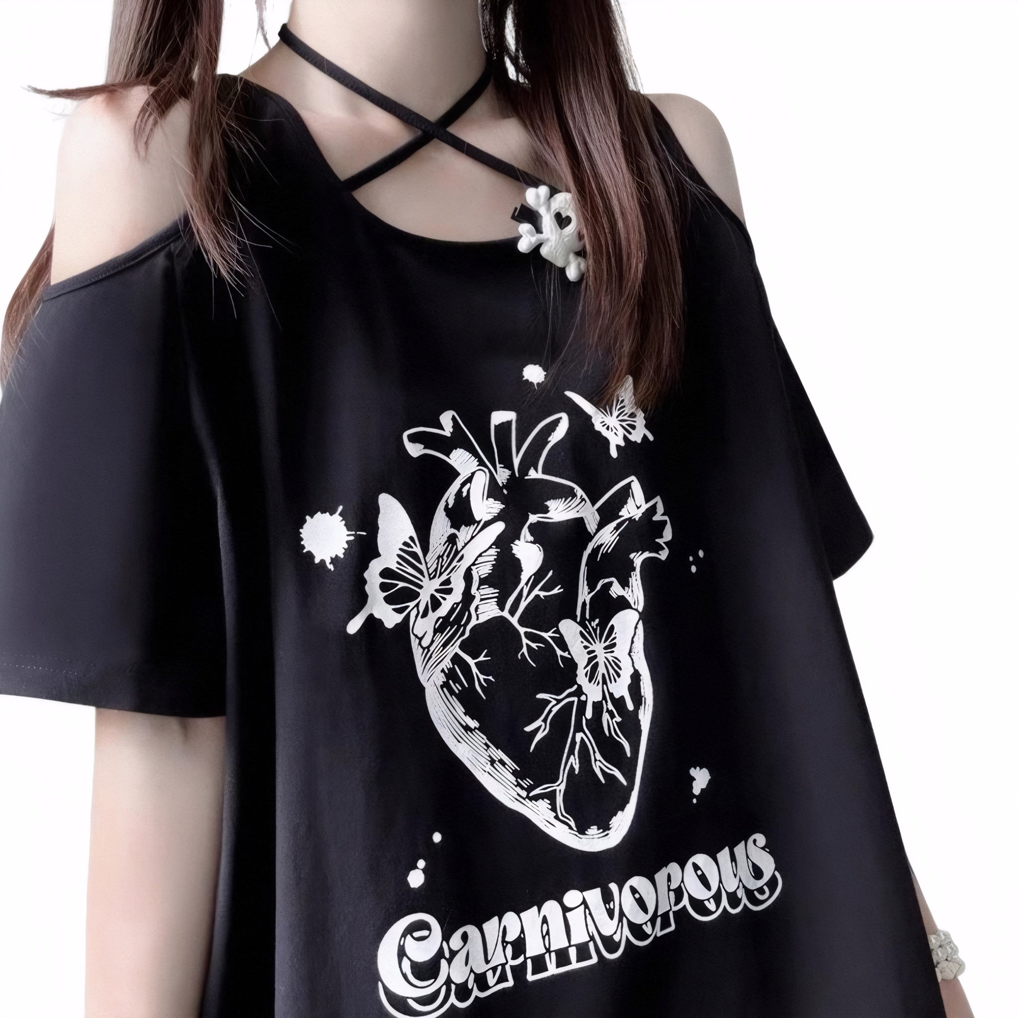 Y2K Off Shoulder Strap T-Shirt Teens Lace-Up Gothic Butterfly Heart Print Tunic Tee