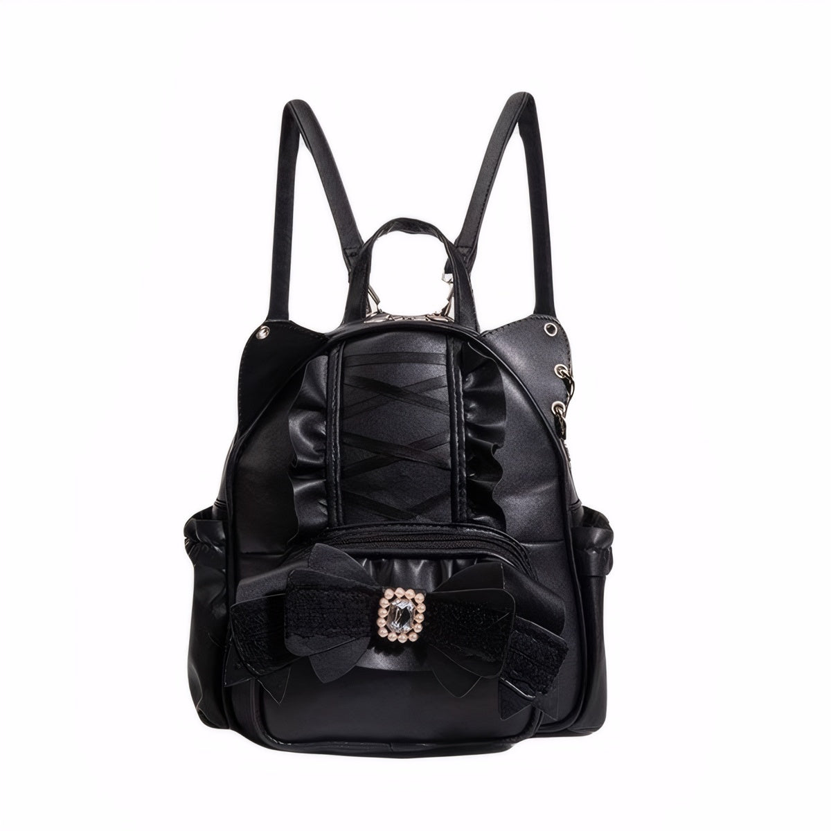black leather lace backpack Lace Bow Lolita Cat Ear Backpack Sweet Harajuku Style PU Leather Mini