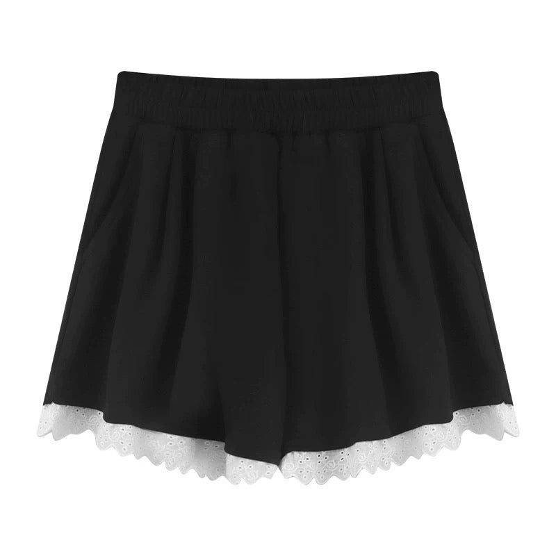 Model wearing high waist wide leg casual shorts with lace trim Loose Fit Short for Lady