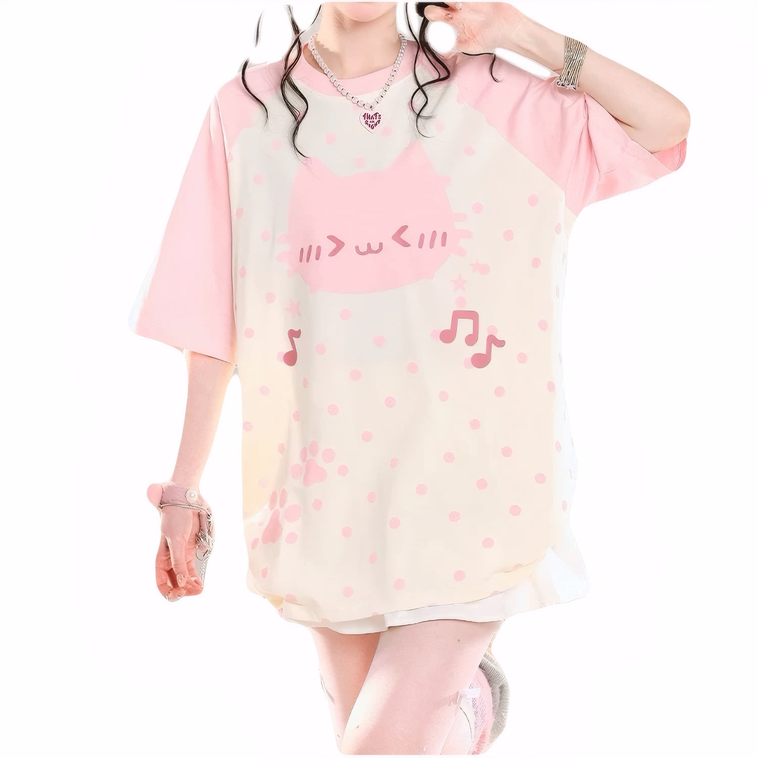 Sweet Kawaii Kitty Print Oversized Raglan T-Shirt Summer Short Sleeve Tee for Girls Harajuku Korean Style Chic Top