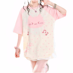 Sweet Kawaii Kitty Print Oversized Raglan T-Shirt Summer Short Sleeve Tee for Girls Harajuku Korean Style Chic Top