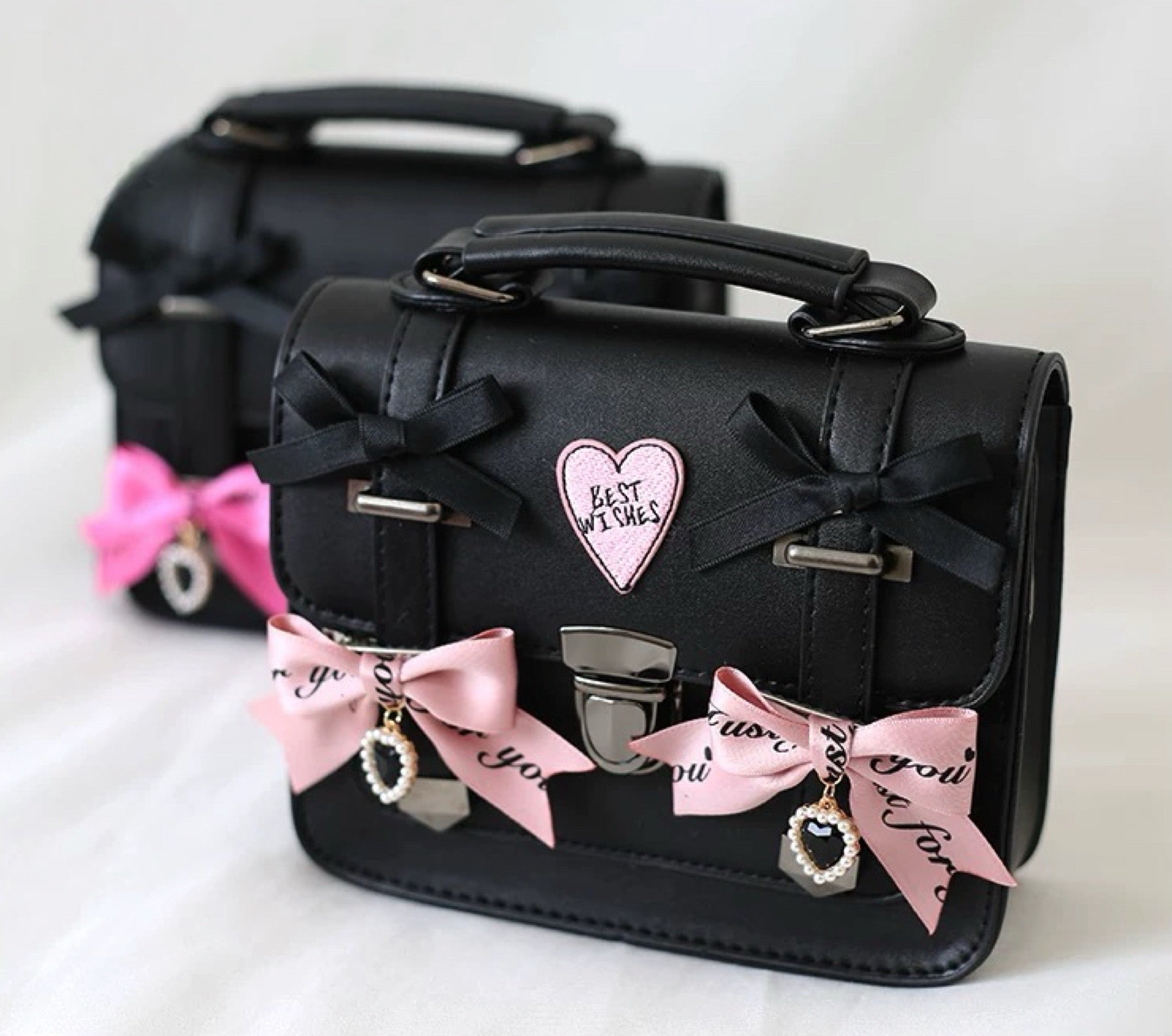 Sweet Punk Bow Crossbody Satchel Harajuku JK Uniform Style Messenger Bag with Heart Charms