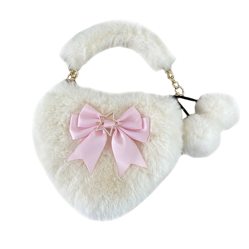 White plush heart handbag with light pink bow and fluffy pompoms fluffy crossbody bag