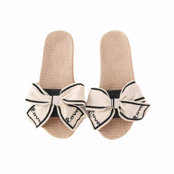 Beige Bow Indoor Linen Slippers for Women Japanese style bow sandals