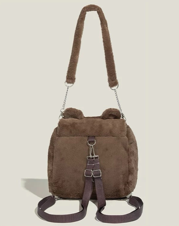 Plush Bear Backpack for Girls Cute Soft Fuzzy Shoulder Bag Winter Lolita Style Multiway