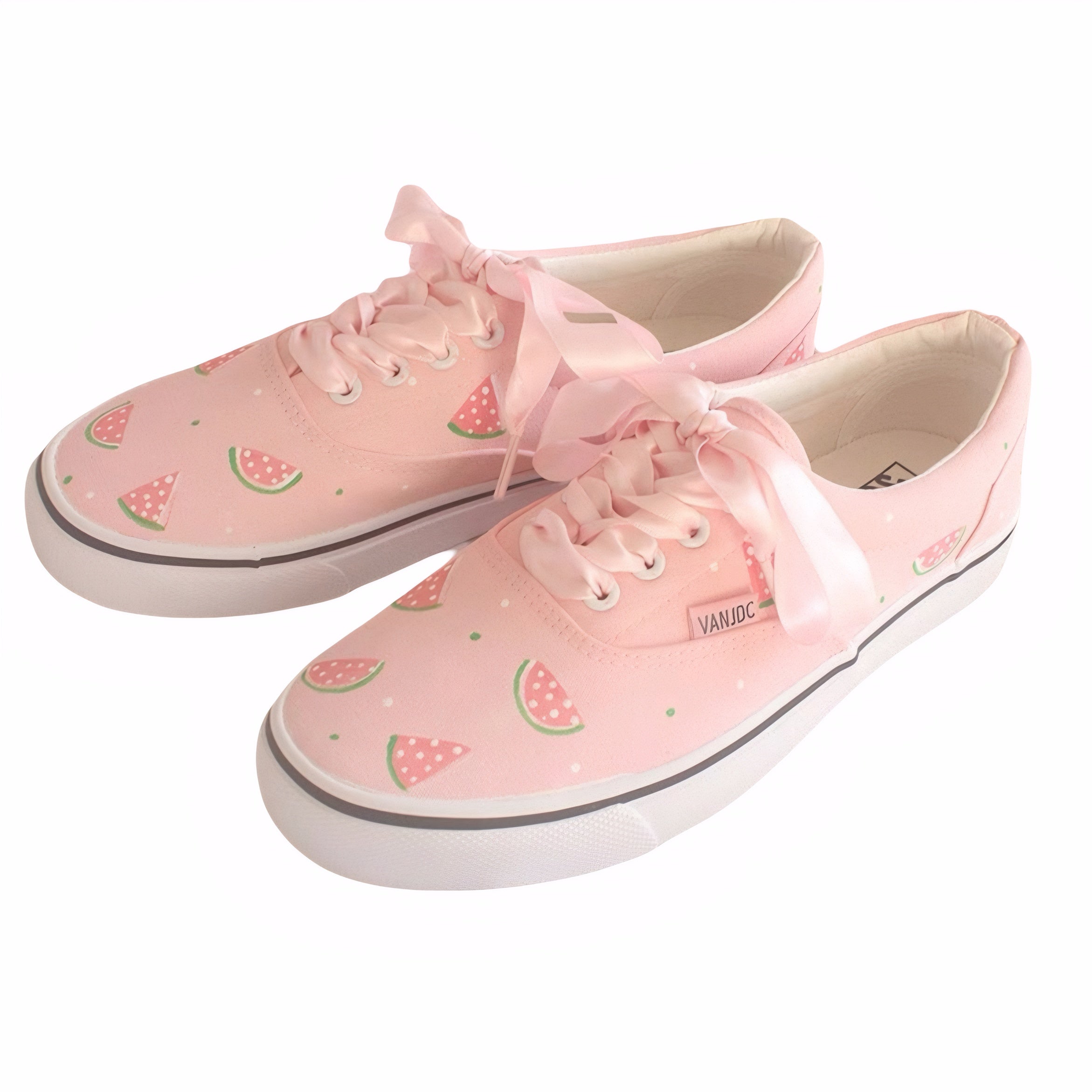 Pink canvas sneakers with watermelon print and satin ribbon laces cute canvas shoes for girls