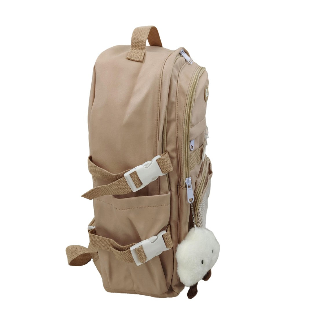 Caramel Brown Embroidered Backpack with Plush Charm Cartoon Pins Student School Bag