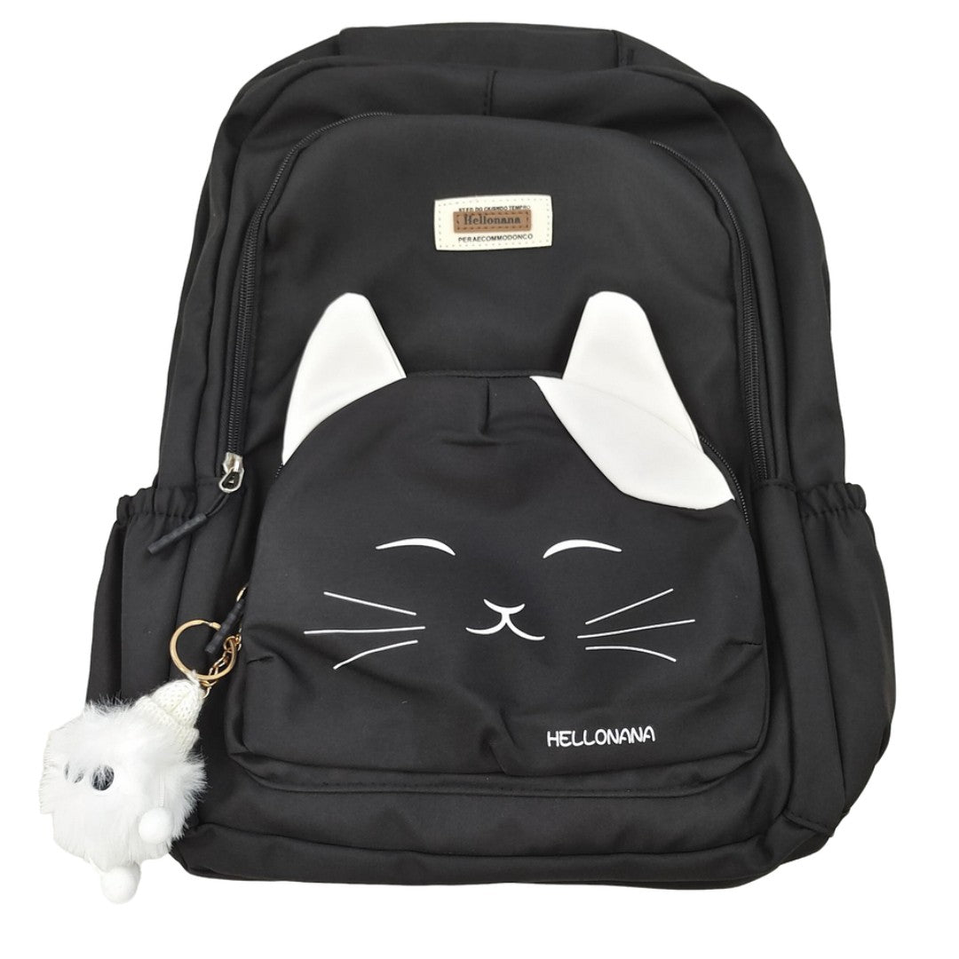 Black Jfashion Cat Ear Backpack with White Plush Charm Cute Kitty Face Schoolbag