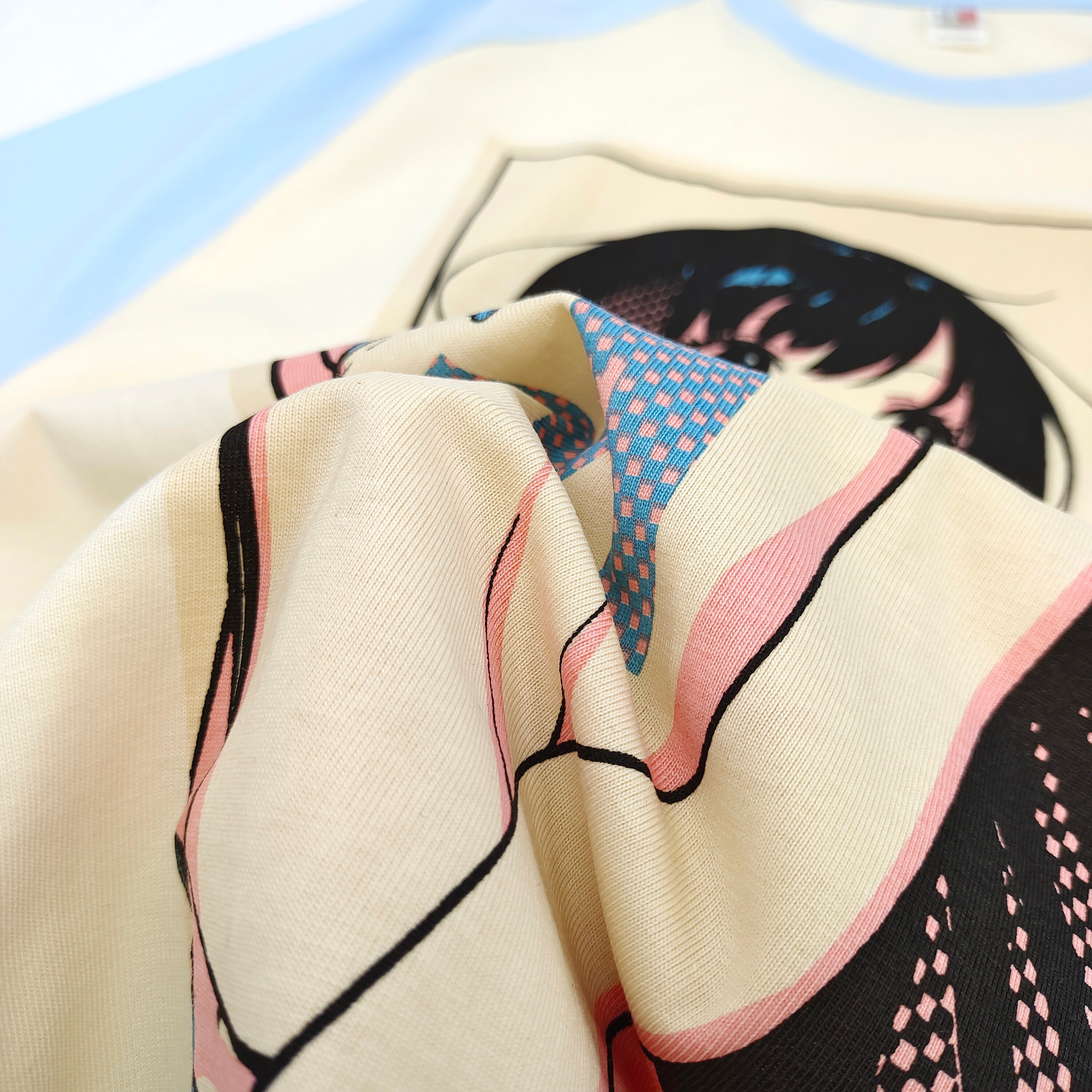 Pink Anime Girl Graphic Tee Blue Sleeve Cotton Oversized T-Shirt Boputeng Japanese Streetwear